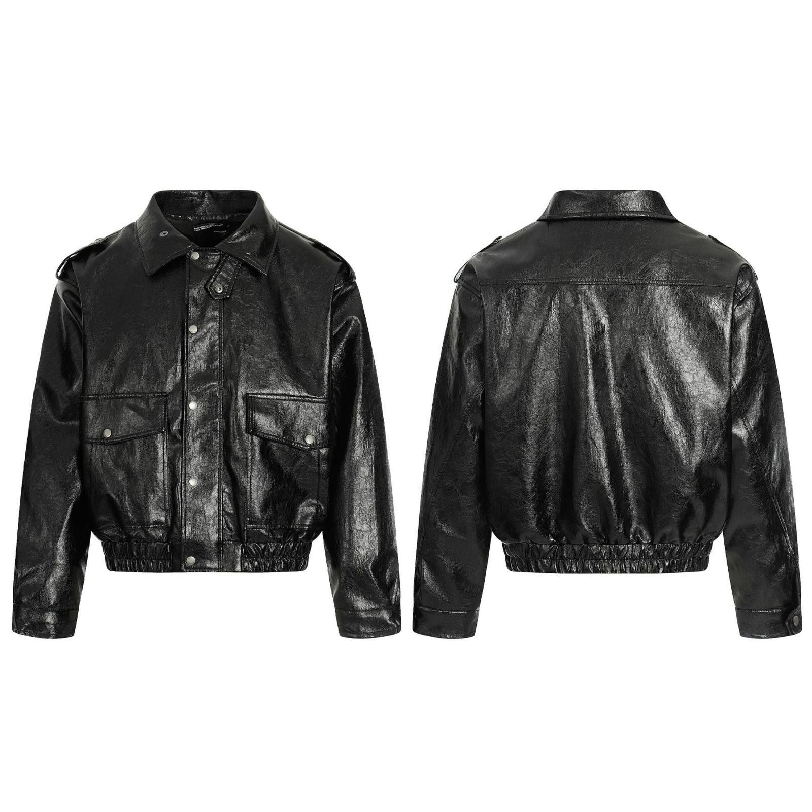 Japanese Brand Black Cropped Faux Leather Bomber Jacket, Boxy Fit Jacket Size US L / EU 52-54 / 3 - 3 Thumbnail