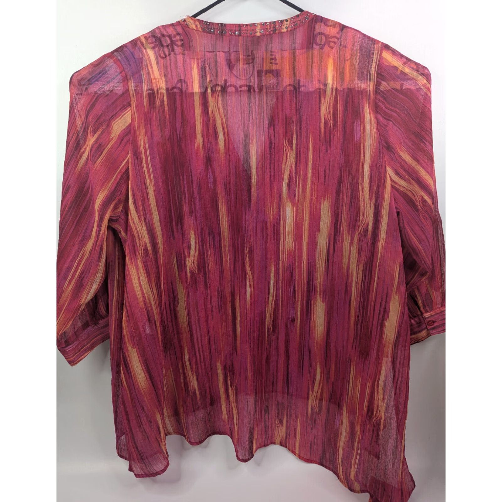 Vintage Catherines Pink Burst Ikat Texture Beaded Sequin Tunic Top 4X Pink Red Chiffon Long Sleeve V-Neck Pullover Blouse Plus Size Women Mens? Size XXL / US 16-18 / IT 52-54 - 3 Thumbnail
