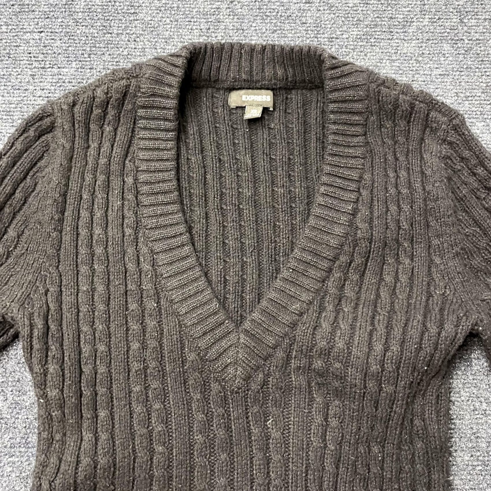 Express VINTAGE Express Sweater Tunic Womens XS Black Cable-Knit V-Neck Angora Long Dress Size XS / US 0-2 / IT 36-38 - 3 Thumbnail