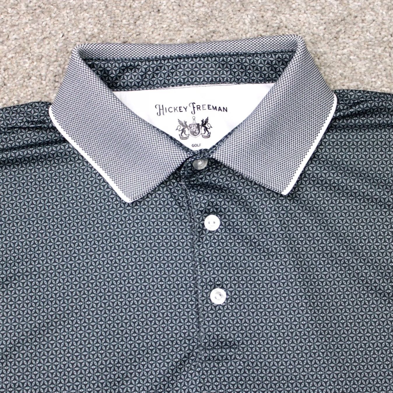 Vintage Hickey Freeman Polo Shirt Mens Large Gray Geometric Short Sleeve Polyester Spandex Lightweight Breathable Sports Golf Casual Size US L / EU 52-54 / 3 - 4 Thumbnail