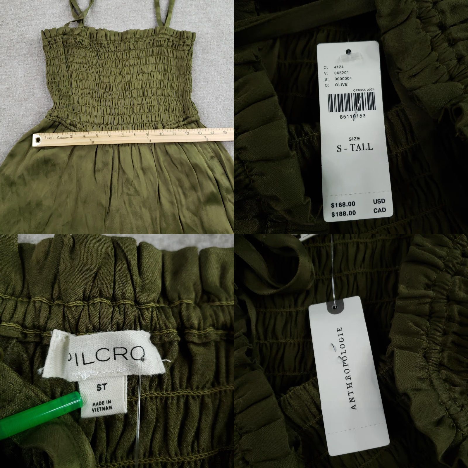 Vintage Pilcro Jumpsuit Small Tall Olive Green Smocked Wide Leg Anthropologie Womens Size 28" / US 6 / IT 42 - 8 Thumbnail