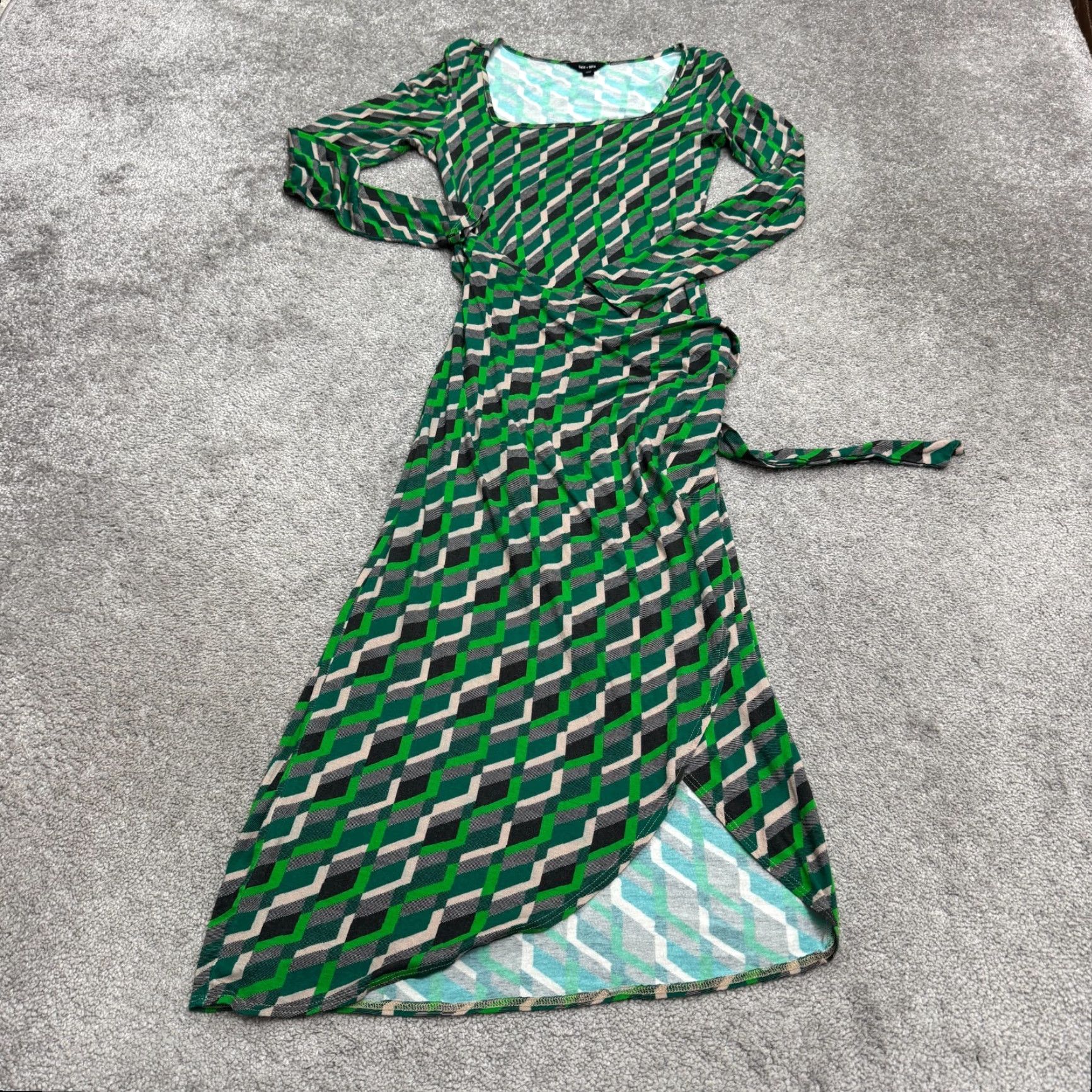 Vintage Saint + Sofia Geometric Chevron Midi Wrap Dress Womens 4 Green Asymmetric Hem Long Sleeve Square Neck Belted Dress Wrap Size S / US 4 / IT 40 - 2 Thumbnail