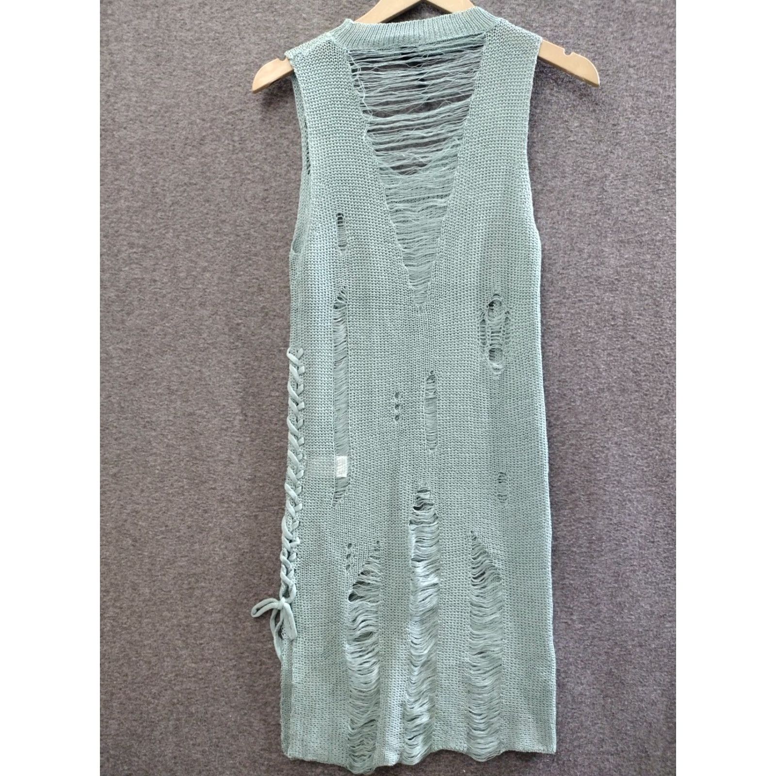 Vintage Codigo Women's Dress Sleeveless Light Green L V-Neck Crochet Short Bodycon - 90s Sexy ANGEL Inspired? Size 36" / US 14 / IT 50 - 2 Thumbnail