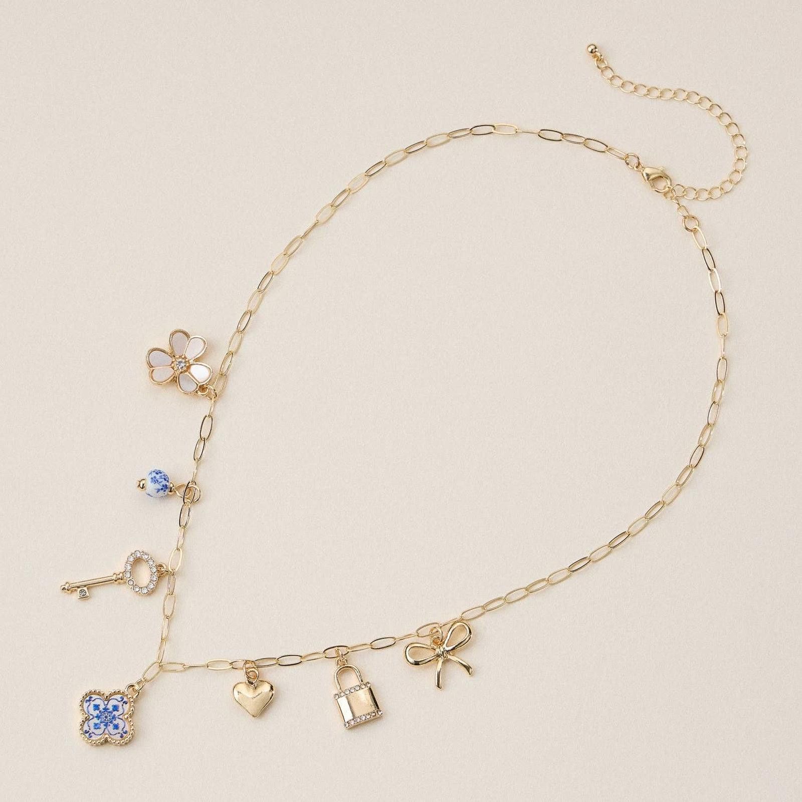 Other Gold Charm Necklace with Key, Heart, Clover & Floral Accents Size ONE SIZE - 1 Thumbnail