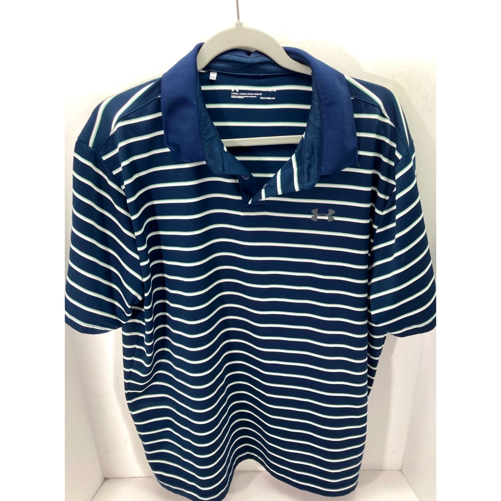 Under Armour Under Armour HeatGear Polo Shirt Mens L Blue White Striped Golf Performance Logo Short Sleeve Loose Fit Size US L / EU 52-54 / 3 - 2 Thumbnail