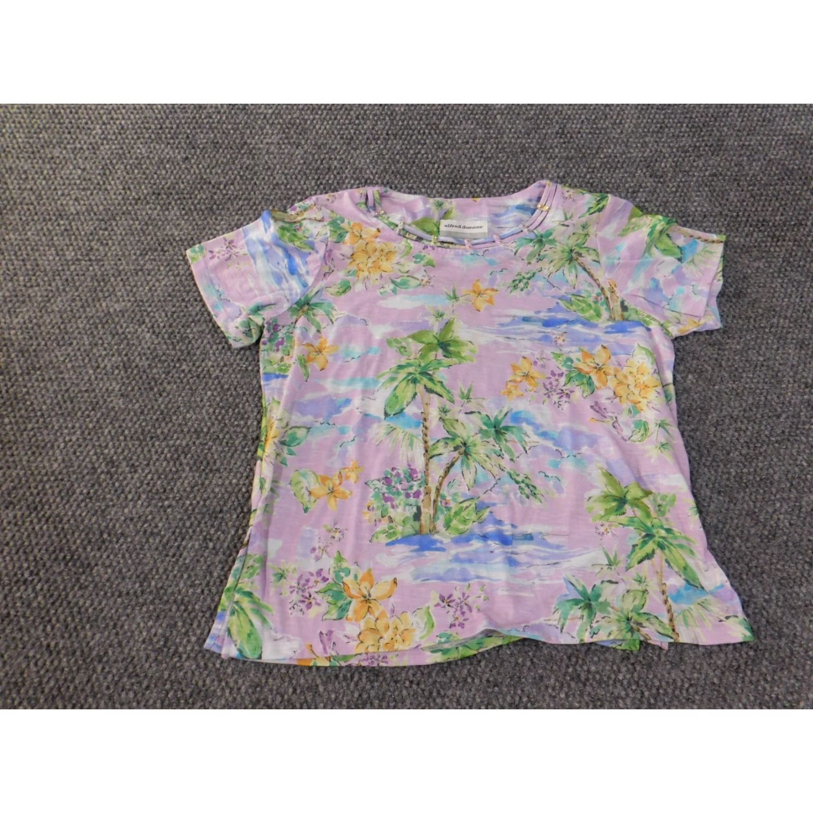 Vintage Alfred Dunner Blouse Shirt Petite PS Womens Purple Floral Round Neck Short Sleeve Pullover Stretch Polyester Spandex Lightweight Casual Size S / US 4 / IT 40 - 4 Thumbnail