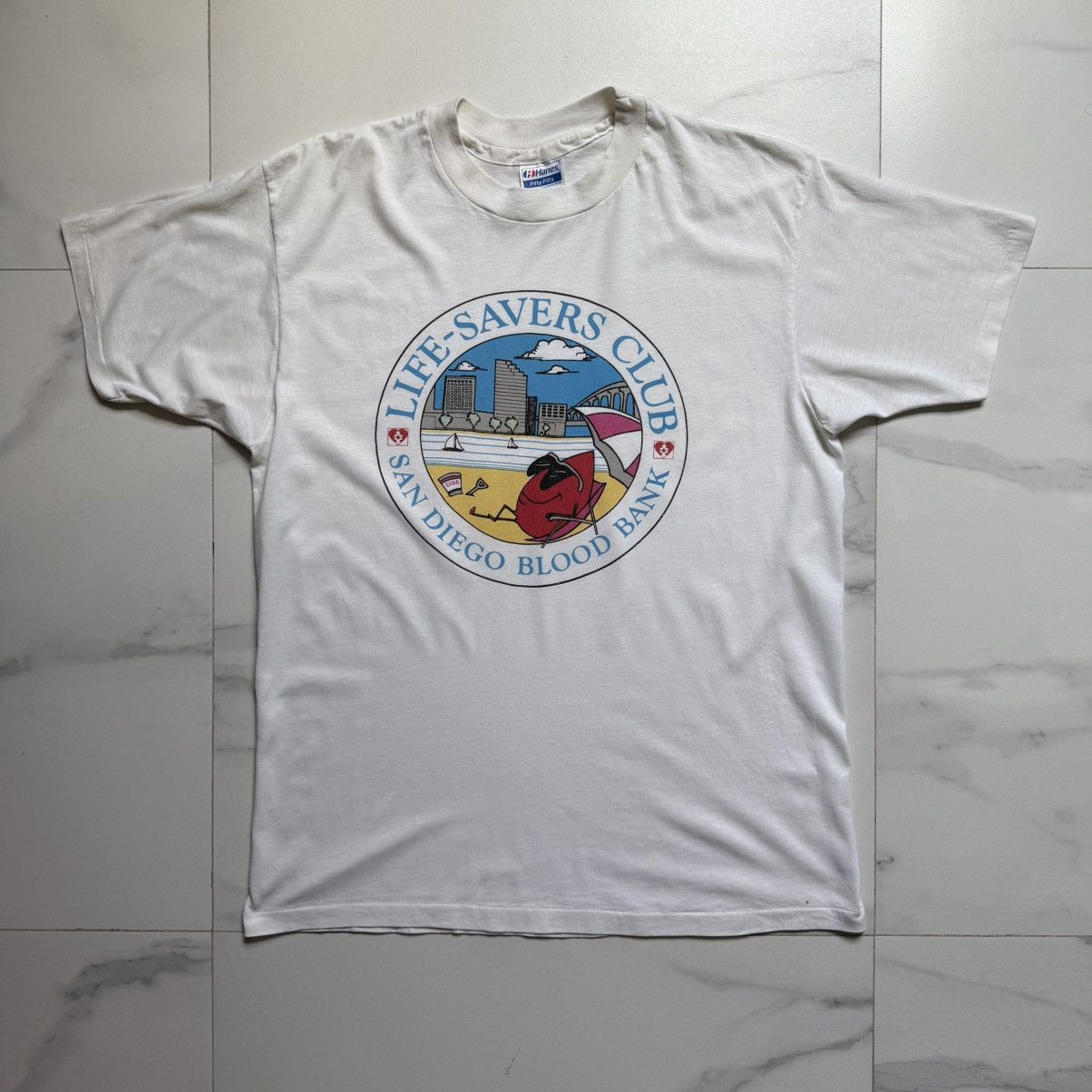 Hanes Vintage 90s Hanes Graphic Blood Bank T-Shirt Size US XL / EU 56 / 4 - 2 Thumbnail