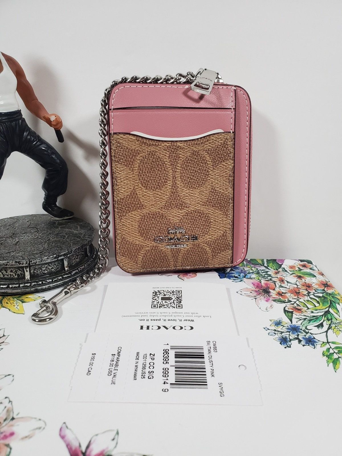 Coach Coach Zip Card Case In Signature Canvas Tan/Dusty Pink NWT Size ONE SIZE - 6 Thumbnail