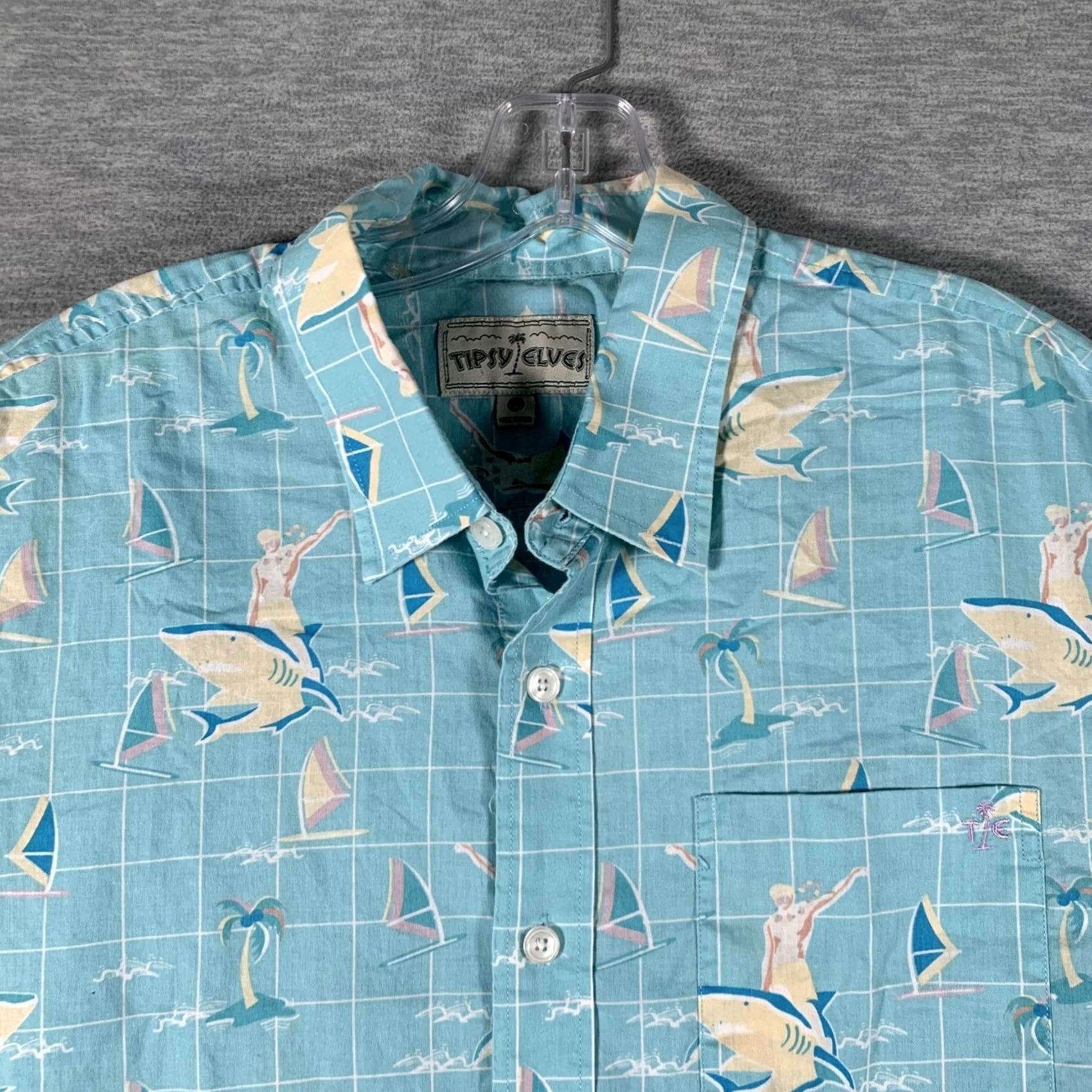 Vintage Tipsy Elves Mens Large Blue Shark Sailboat Hawaiian Shirt Size Cotton Button Up Size US L / EU 52-54 / 3 - 6 Thumbnail