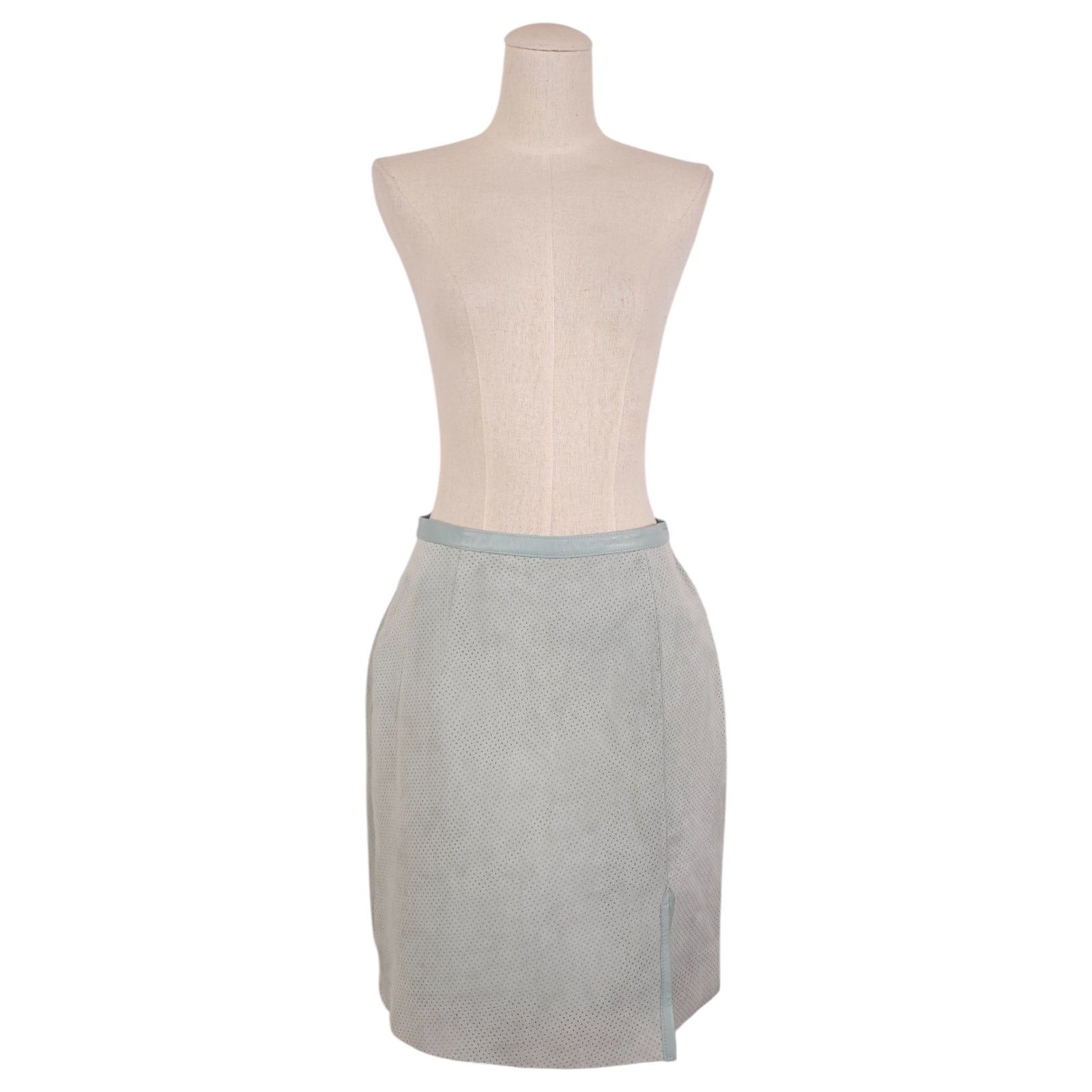 Other Vintage Paolo Santini Perforated Suede Leather Skirt Blue Size 29" - 2 Thumbnail