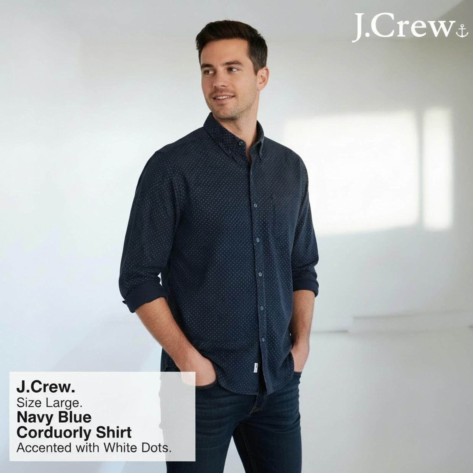 J.Crew J.Crew Navy Blue Corduroy Shirt with White Dots - Size Large Size US L / EU 52-54 / 3 - 1 Thumbnail