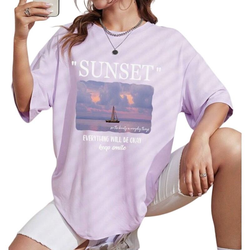 Shein Sunset & Sea Graphic Drop Shoulder T-Shirt in Lilac, Size L Size L / US 10 / IT 46 - 1 Preview