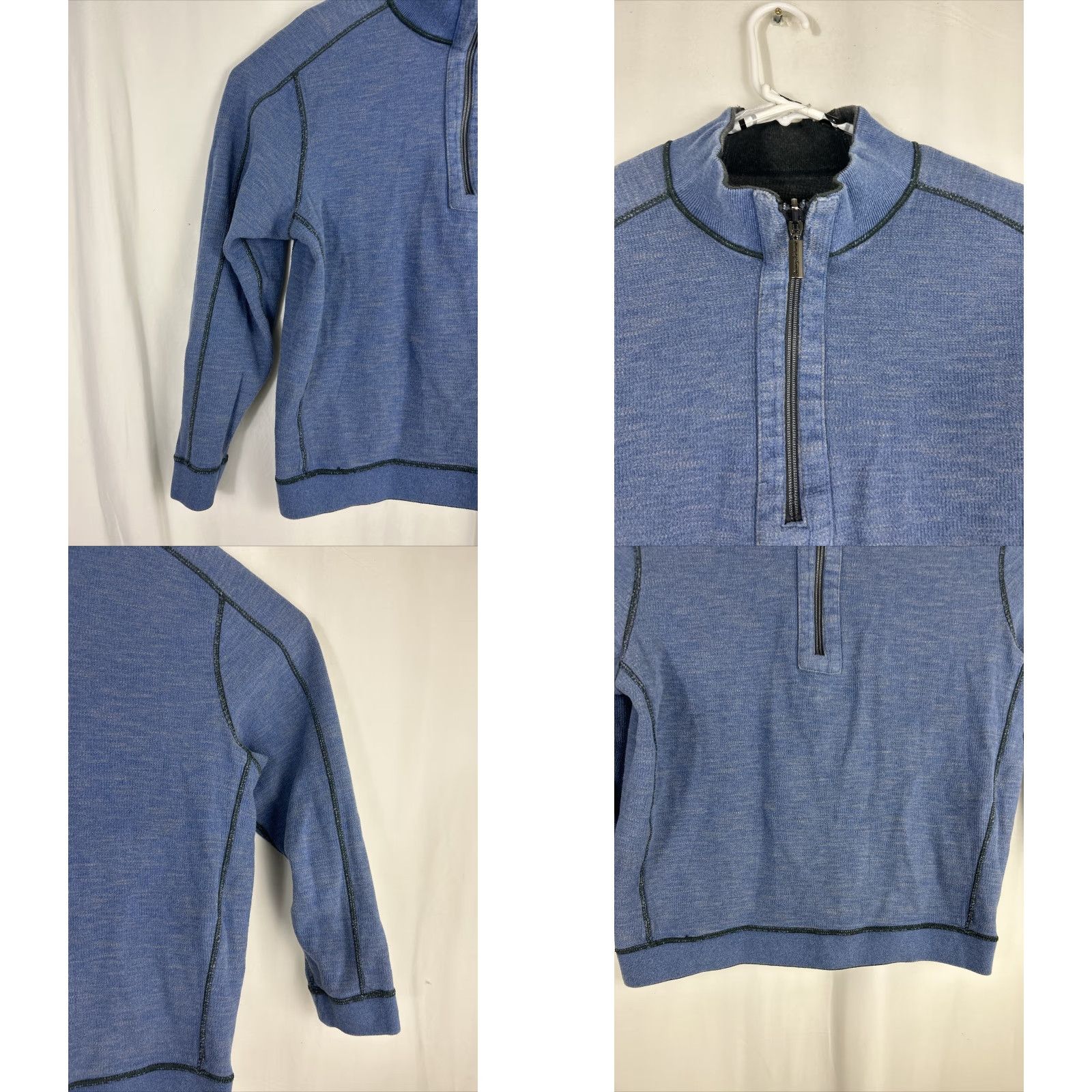 Tommy Bahama Tommy Bahama Mens Large Gray/Blue Reversible 1/4 Zip Pullover Cotton Blend Sweater - Long Sleeve Mock Neck Contacts: Casual Business Travel Size US L / EU 52-54 / 3 - 8 Thumbnail