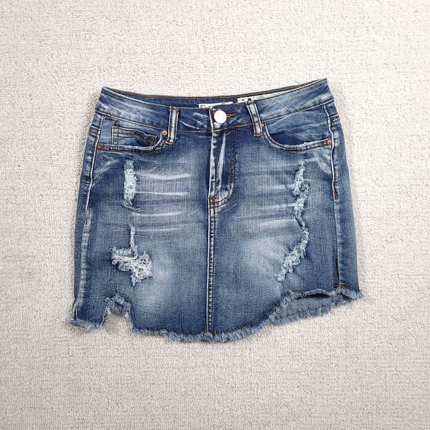 Denime Indigo Rein Denim Skirt Women's 3 Distressed Medium Stretch Mini Short 26" W Size 26" / US 2 / IT 38 - 2 Thumbnail