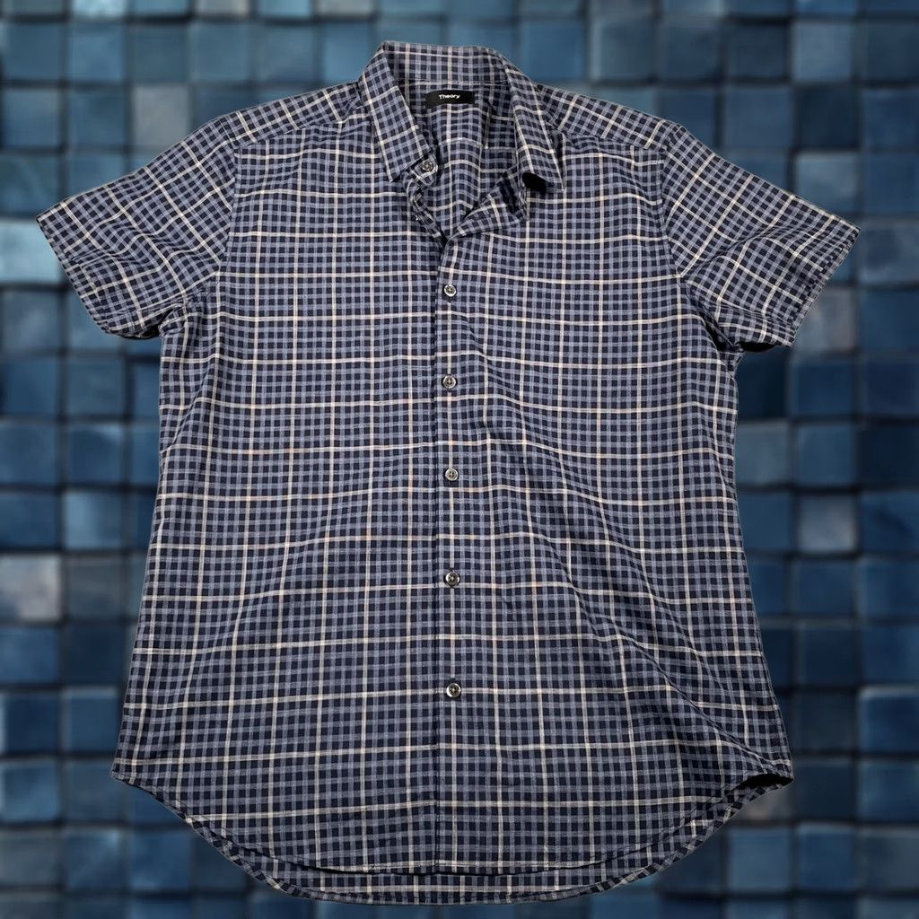 Theory Theory Shirt Mens Medium Blue Plaid Short Sleeve Button Zack S Balance Check Size US M / EU 48-50 / 2 - 1 Thumbnail
