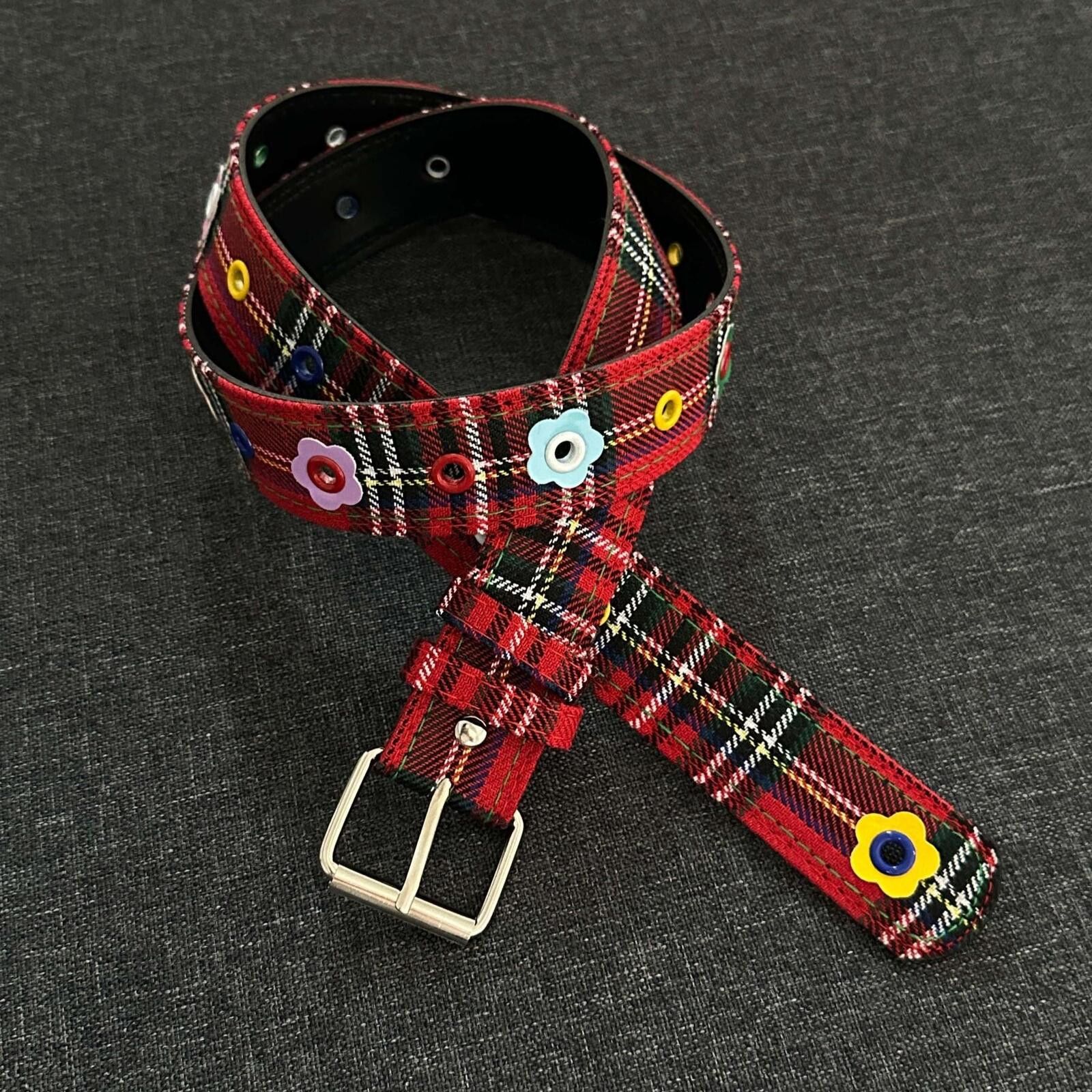 Other Scottish Plaid Floral Rivet Belt | Red Y2K Street Size ONE SIZE - 4 Thumbnail