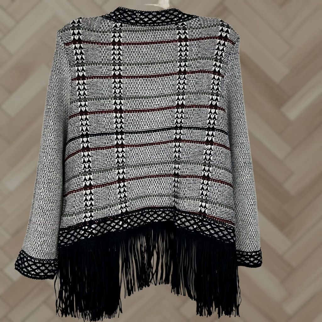 Vintage Christopher & Banks Knit Cardigan Open Fringe Black Suede Look Bohemian Women L Size Knit Open Fringe Boho 21" 26" Size L / US 10 / IT 46 - 1 Thumbnail