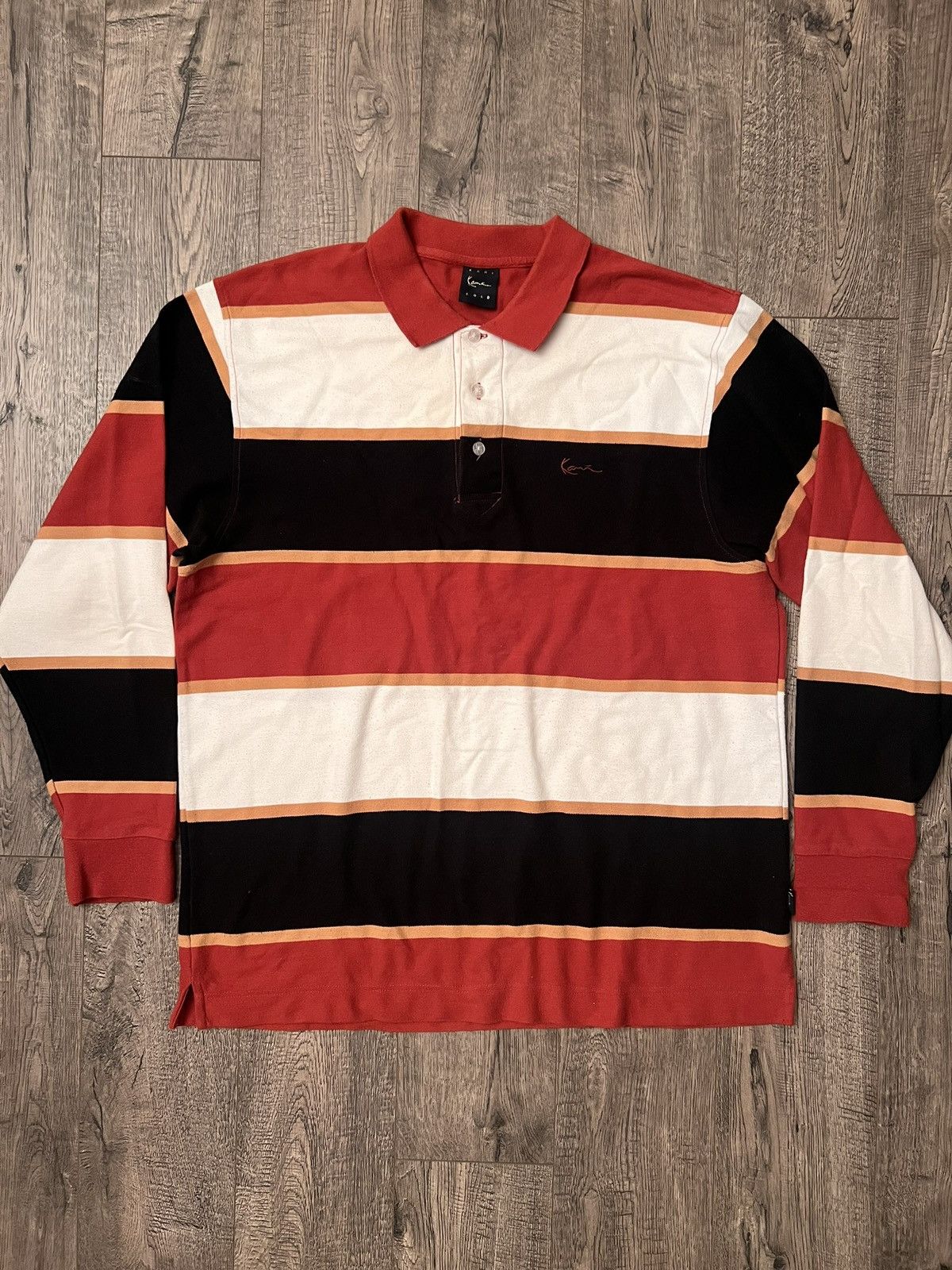 Karl Kani × Vintage Kani Gold Striped Collared Polo Red and Black Mens Size XL Size US XL / EU 56 / 4 - 1 Thumbnail