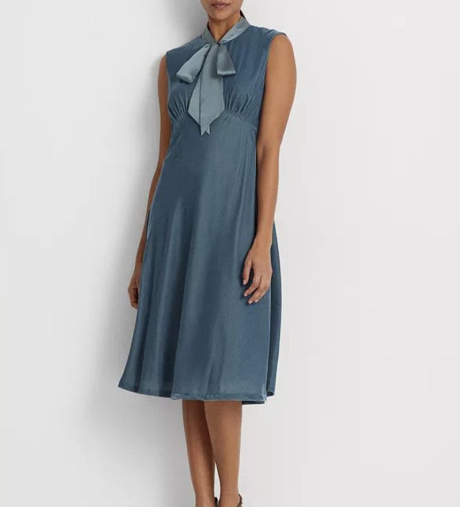 Ralph Lauren Lauren Ralph Lauren Tie-Neck Velvet Velour Dress Teal ( 14 ) Size XL / US 12-14 / IT 48-50 - 1 Thumbnail