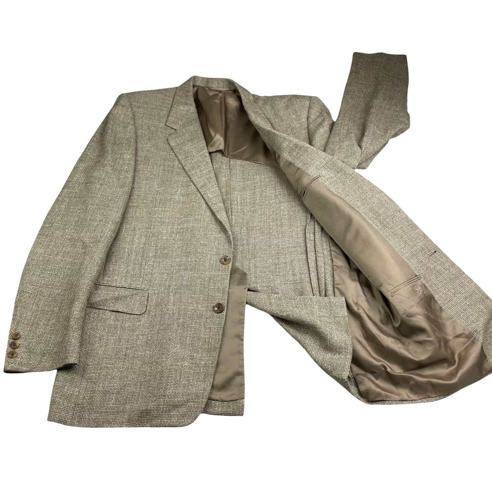 Vintage VINTAGE Hickey Freeman Blazer Men’s Beige Tweed Silk/Linen/Wool 44L 2-Button Single-Breasted Notch Lapel Long Jacket/Coat Mens Size 44R - 3 Thumbnail