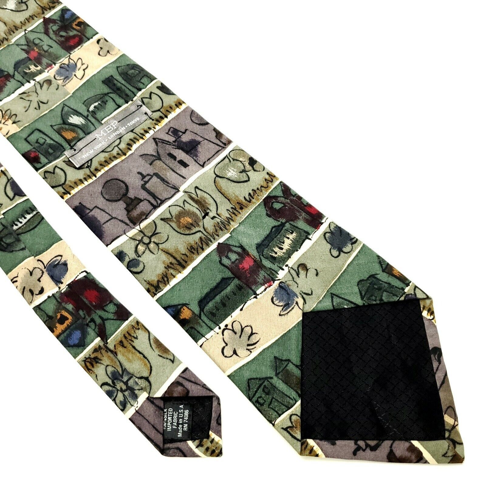 Vintage MBP Silk Tie Novelty Print Wine Floral Green Wide Size ONE SIZE - 5 Thumbnail