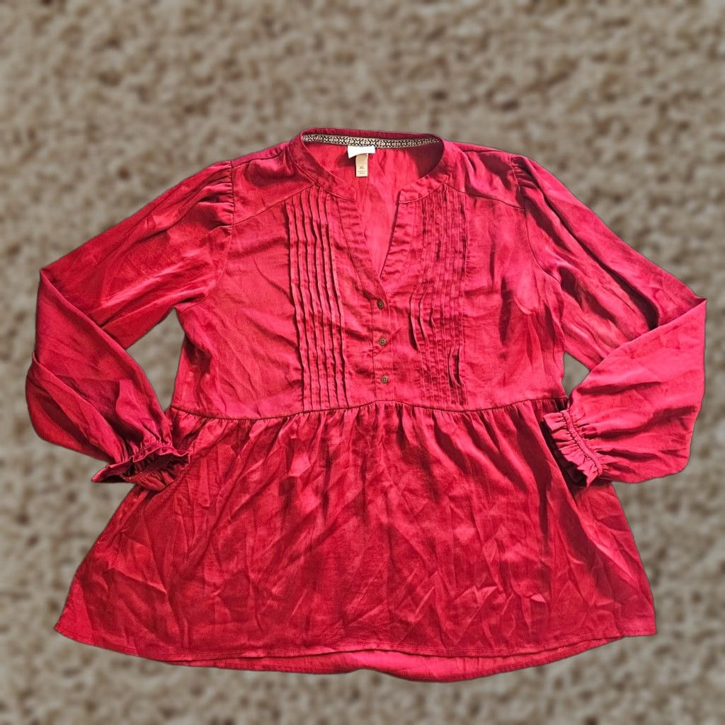 Vintage Knox Rose Top Shirt Womens XL Red Satin Pleated Long Sleeve V-Neck Blouse Size XL / US 12-14 / IT 48-50 - 1 Thumbnail