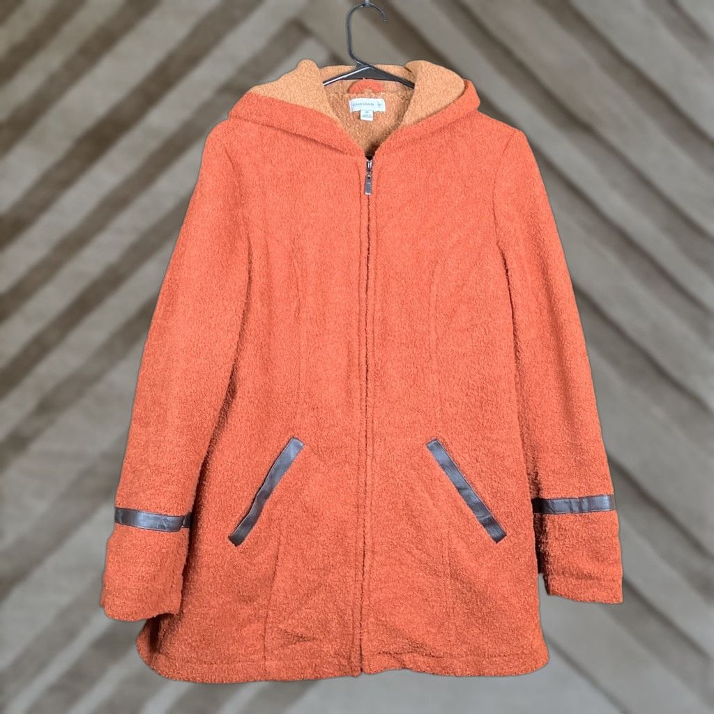 Vintage Susan Graver Womens Coat Orange Hooded Full Zip Faux Leather Trim Fleece XS Size XS / US 0-2 / IT 36-38 - 1 Thumbnail