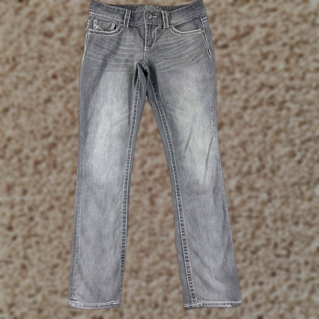 Vintage Maurices Jeans Womens 9 Gray Denim Cotton Blend Stretch Mid Rise Bling Straight Size 30" / US 8 / IT 44 - 1 Thumbnail