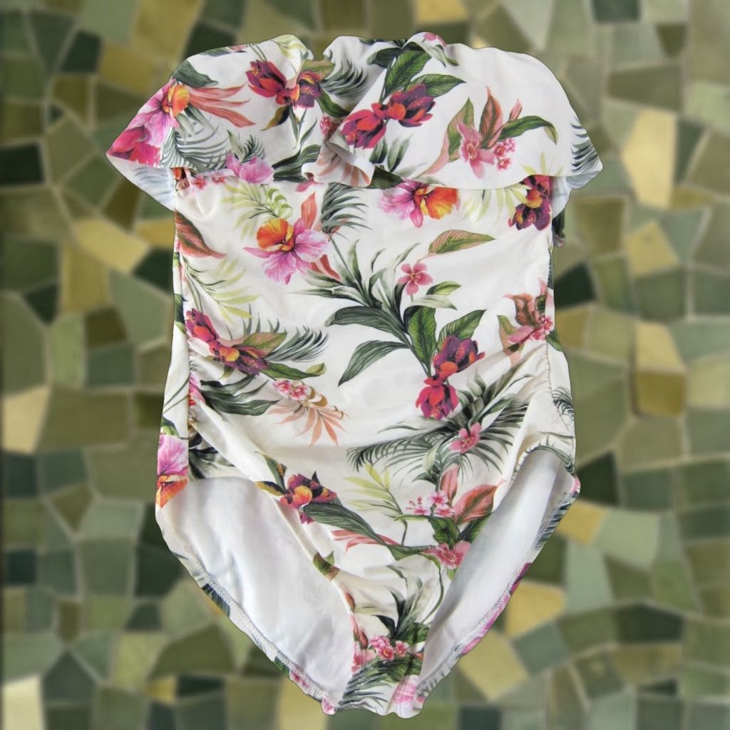 Vintage NWT Kona Sol Ivory Pink Green Tropical Floral Bandeau High Coverage Swimsuit S Size ONE SIZE - 1 Thumbnail