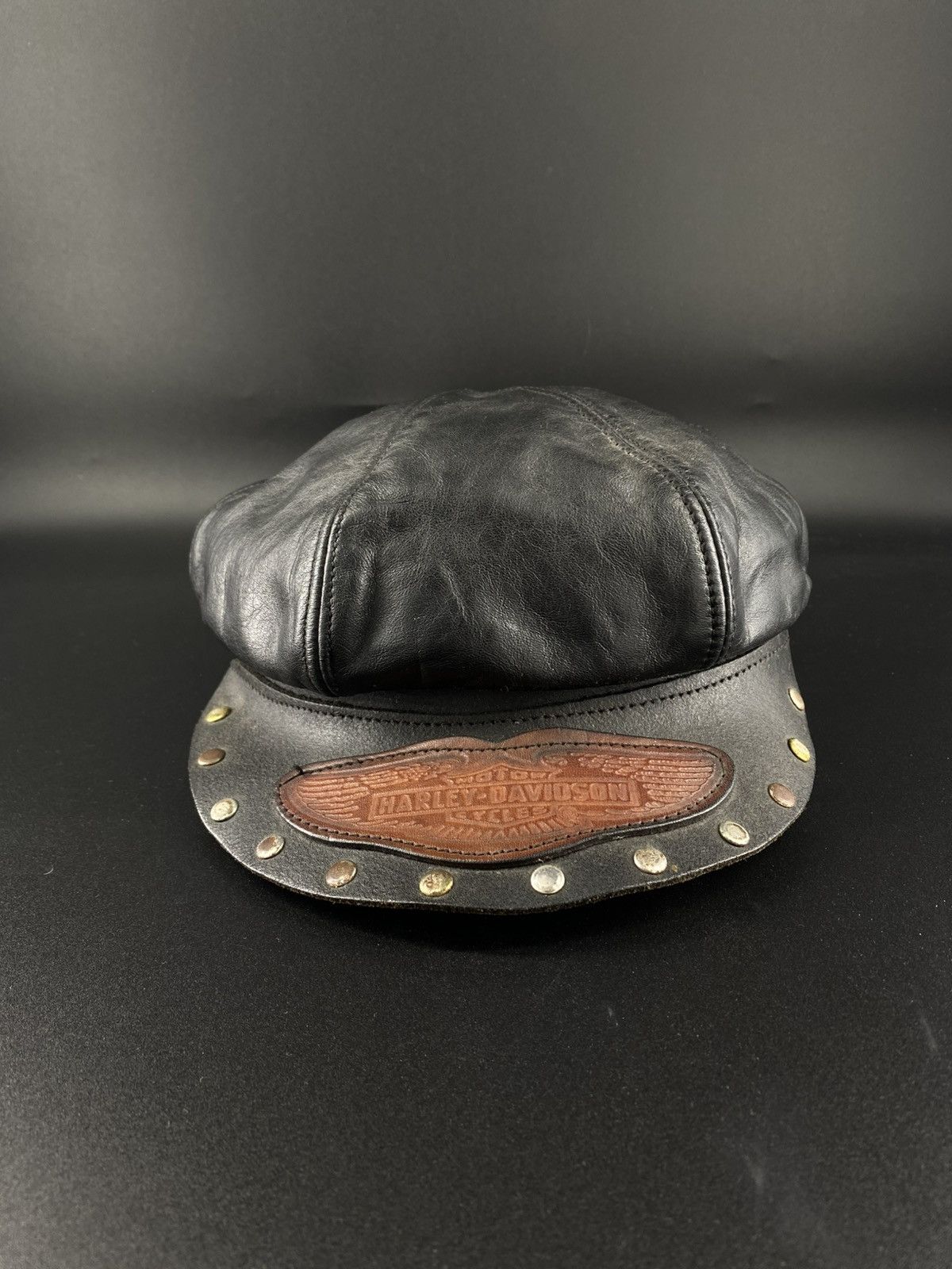 Vintage Leather Hat Harley Davidson 80s Moto Studded Beret