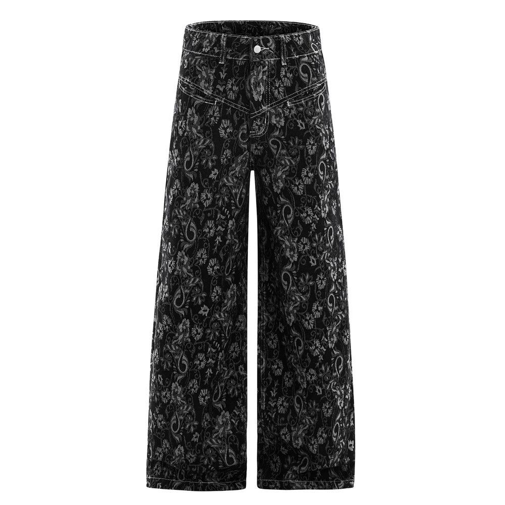 Jean Men's street trendy cashew flower full print jacquard jeans Size US 32 / EU 48 - 1 Thumbnail