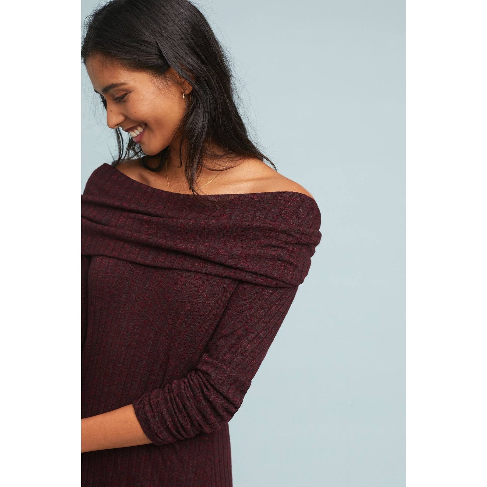 Anthropologie New Anthropologie Off-The-Shoulder Tunic Dress SMALL wine Size S / US 4 / IT 40 - 2 Thumbnail