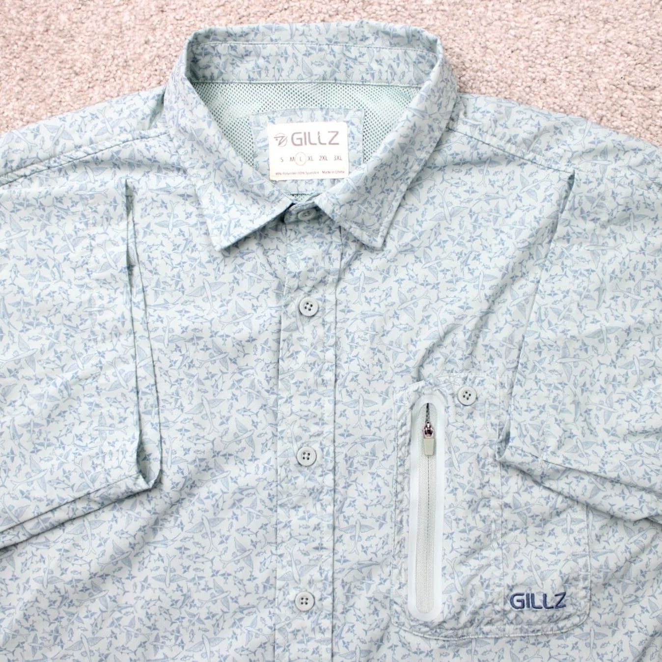 Vintage Gillz AOP Shirt Mens Large Blue Fish All Over Print Polyester Stretch L/S Button Up Shirt Size US L / EU 52-54 / 3 - 2 Thumbnail