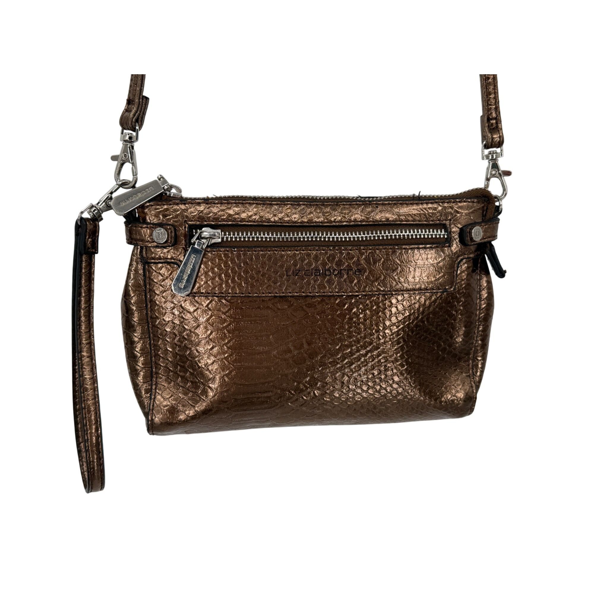 Liz Claiborne Metallic Bronze Snake-Embossed Faux Leather Crossbody Wristl Size ONE SIZE - 9 Thumbnail