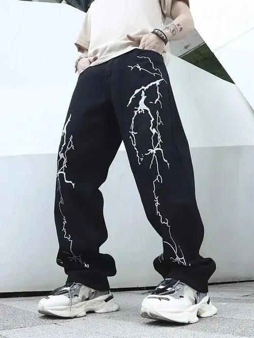 image of Vintage Graffiti Printing Jeans Men's Gradient (Black) (Size 32)