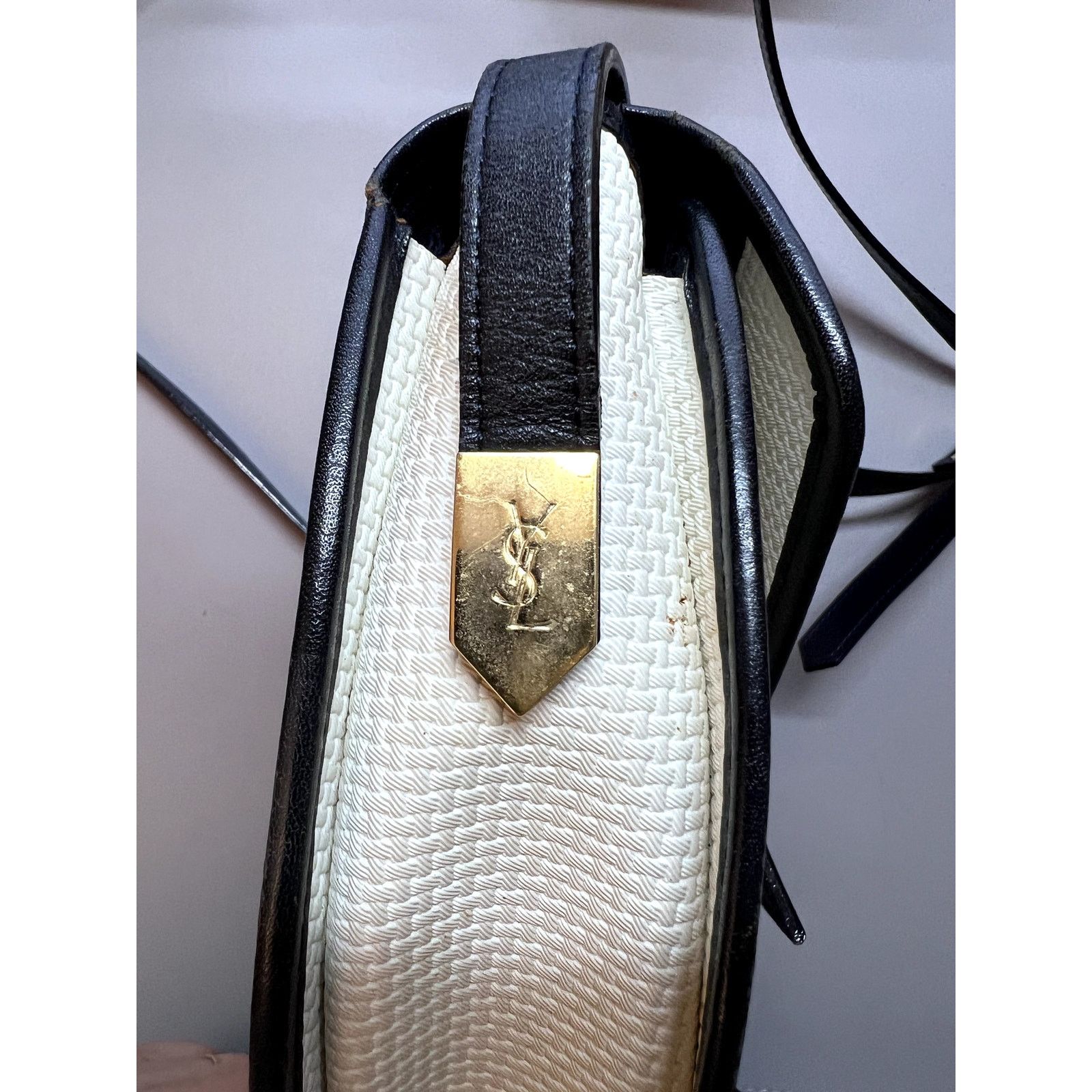 Yves Saint Laurent VINTAGE Late Y2K YSL Ivory Navy Blue Canvas Woven Crossbody Size ONE SIZE - 5 Thumbnail