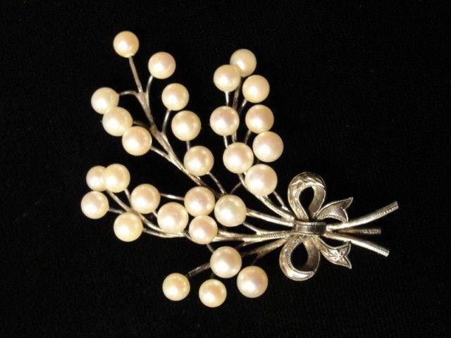 Designer Sterling Silver Cultured Pearl Bow Bush Pin Size ONE SIZE - 2 Thumbnail