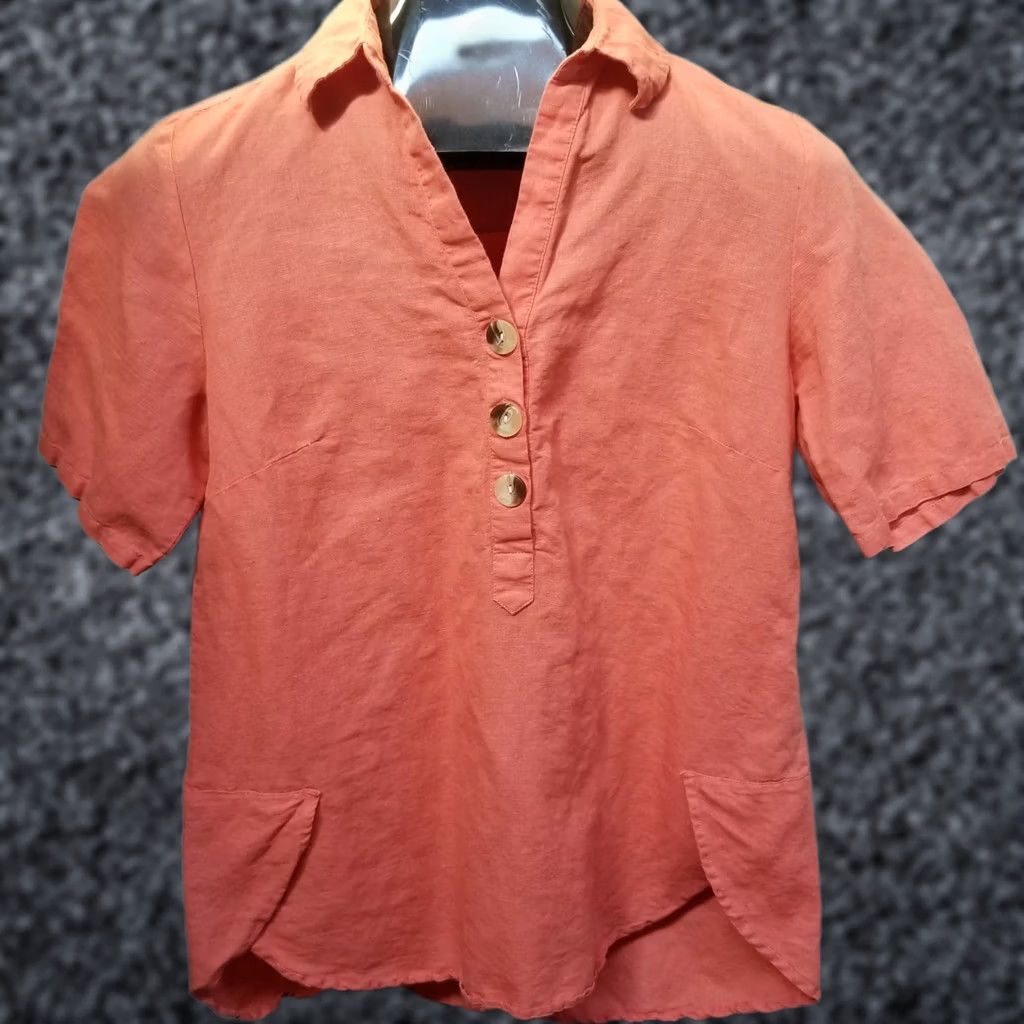 Vintage Collection L Womens Blouse Collared Henley Orange Sz 6 Cotton Linen Short Sleeve High-Low Womens Size M / US 6-8 / IT 42-44 - 1 Thumbnail