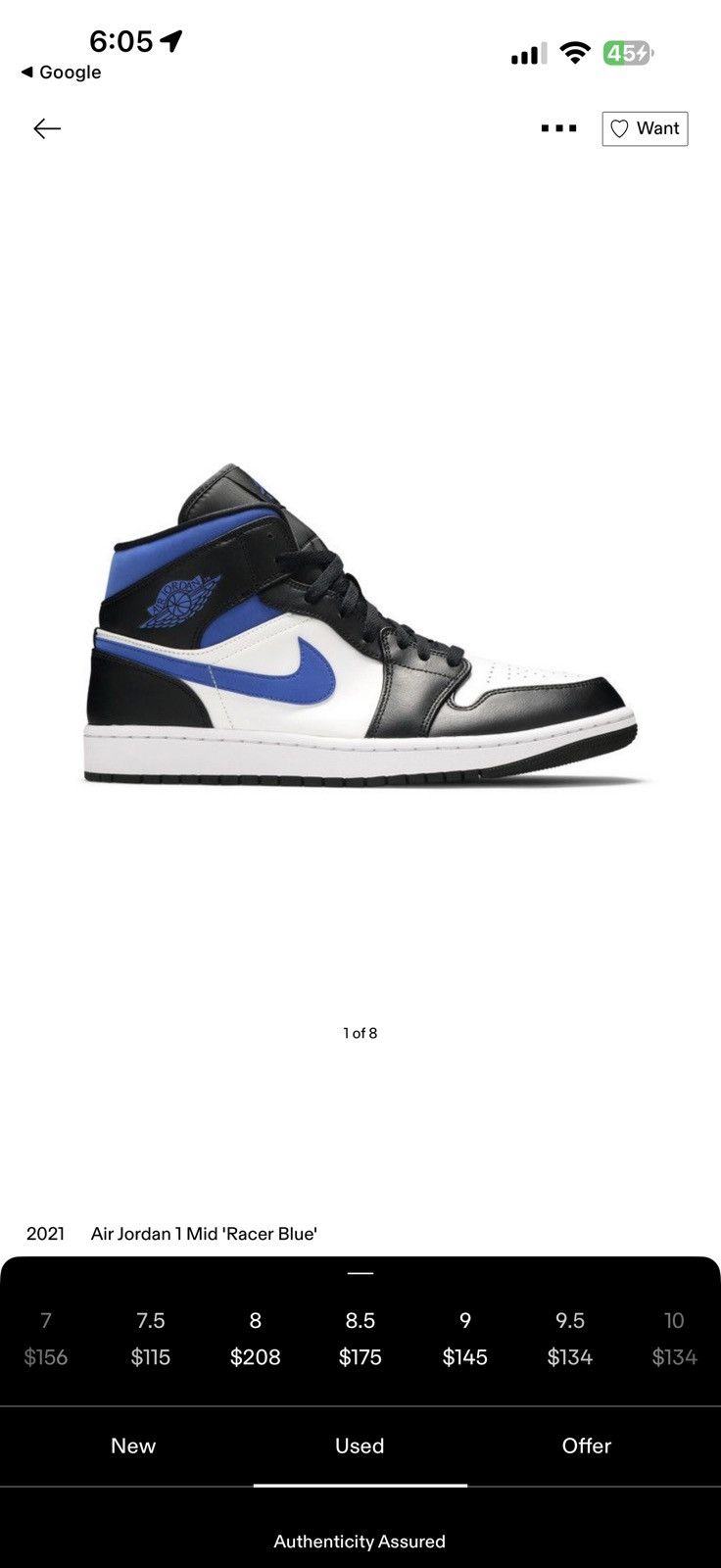 Nike 2021 Air Jordan 1 Mid 'Racer Blue' Size US 8 / EU 41 - 3 Thumbnail