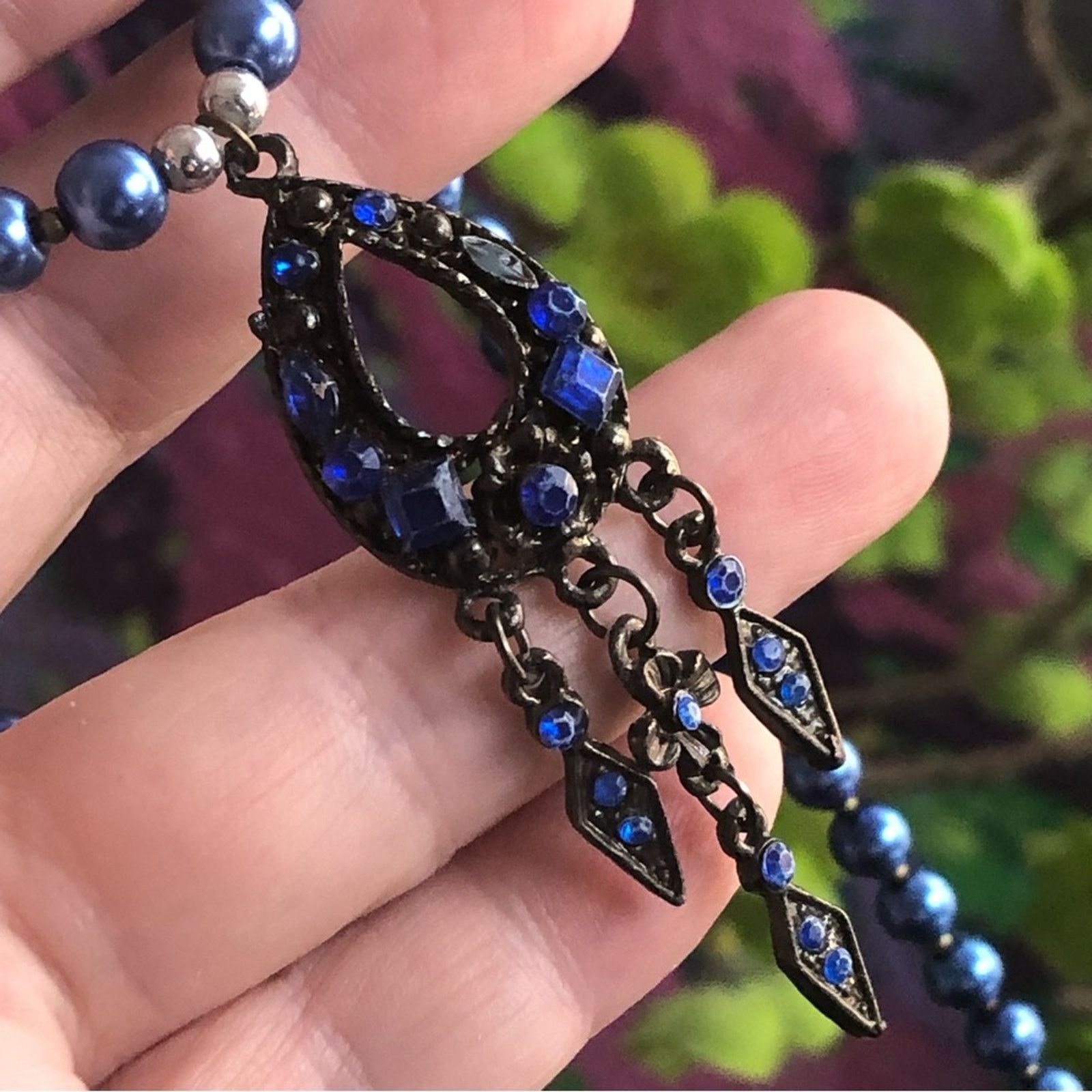 Handmade Handcrafted repurpose blue stone fringe Pearl necklace Size ONE SIZE - 2 Thumbnail