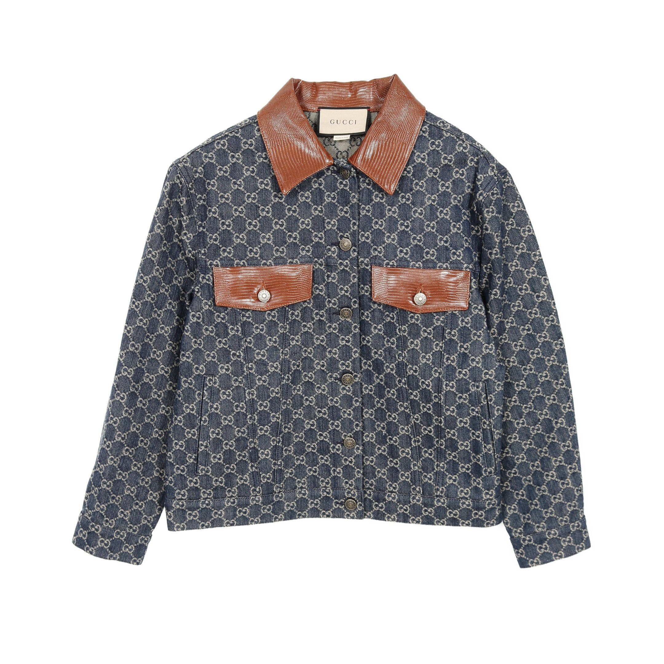 Gucci Gucci Gg Pattern Denim Jacket Cotton Indigo Blue Brown Leather Color-Block Lizard Embossed Size ONE SIZE - 1 Thumbnail