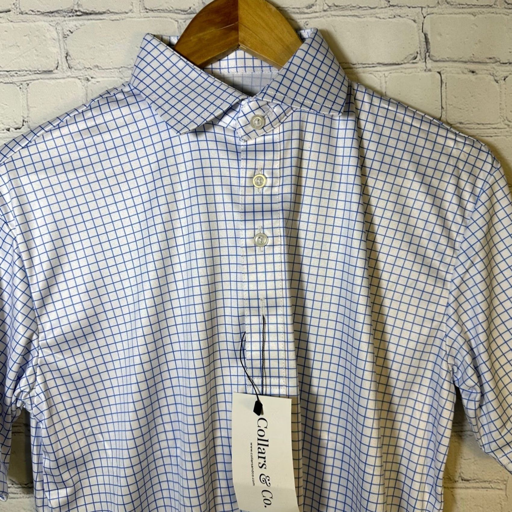 CO Collars & Co Mens Dress Collar Polo Shirt Blue White Windowpane Check Small NWT Size 36R - 2 Thumbnail