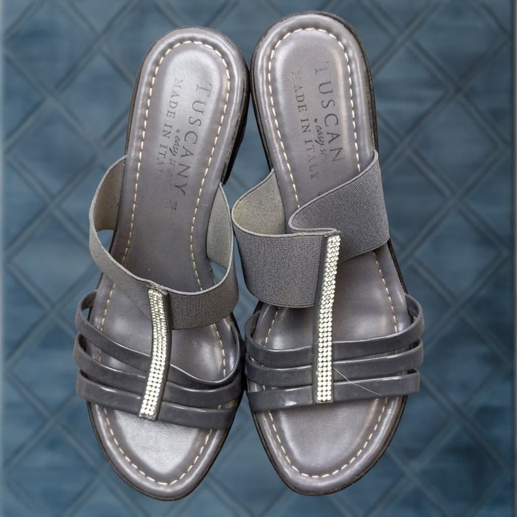 Vintage Tuscany by Easy Street Sandals Womens 6.5 Gray Stretch Wedge Rhinestone Slide Size US 7 / IT 37 - 1 Thumbnail