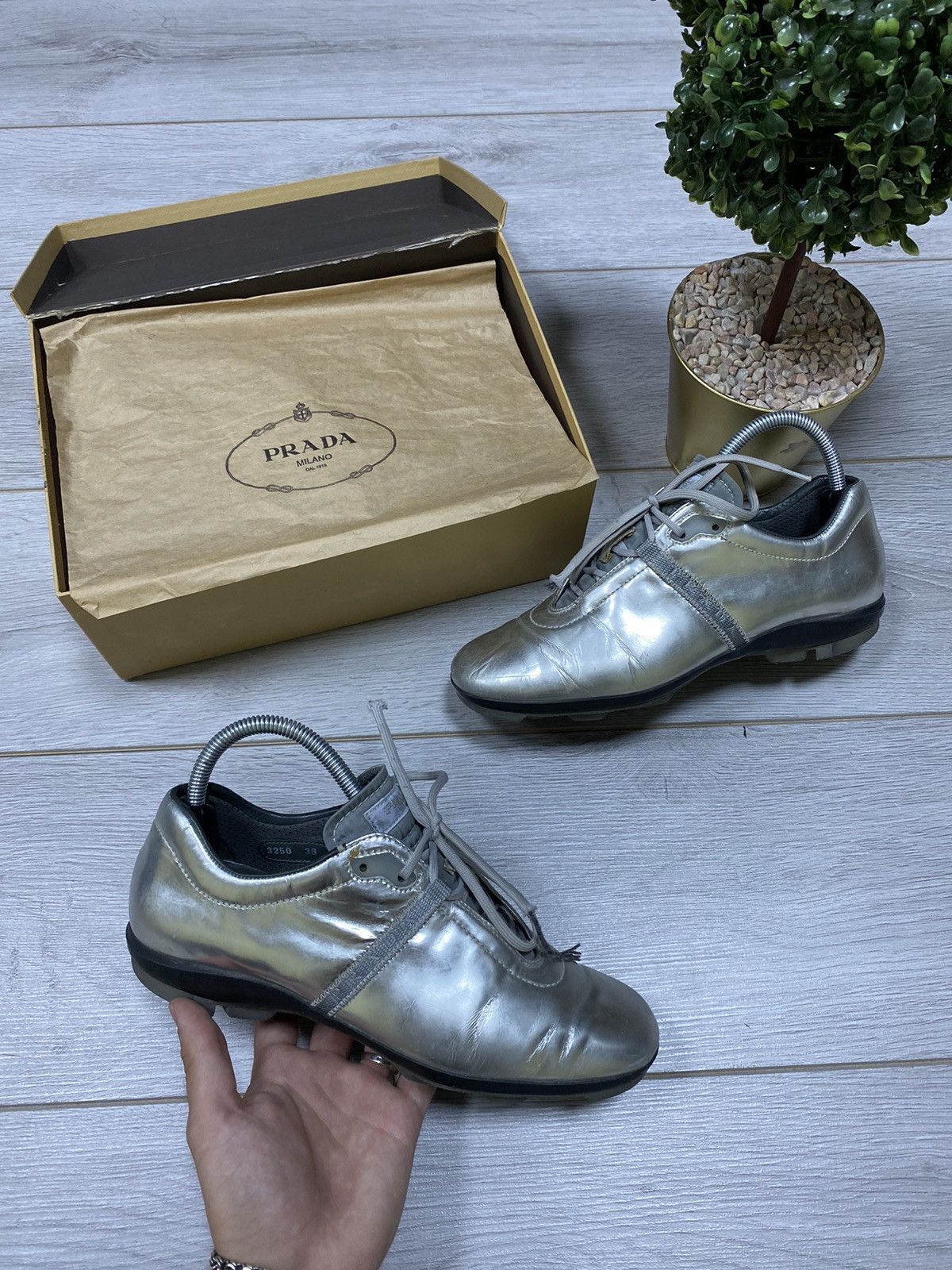 Prada Vintage Prada vintage silver sneakers with box Grailed