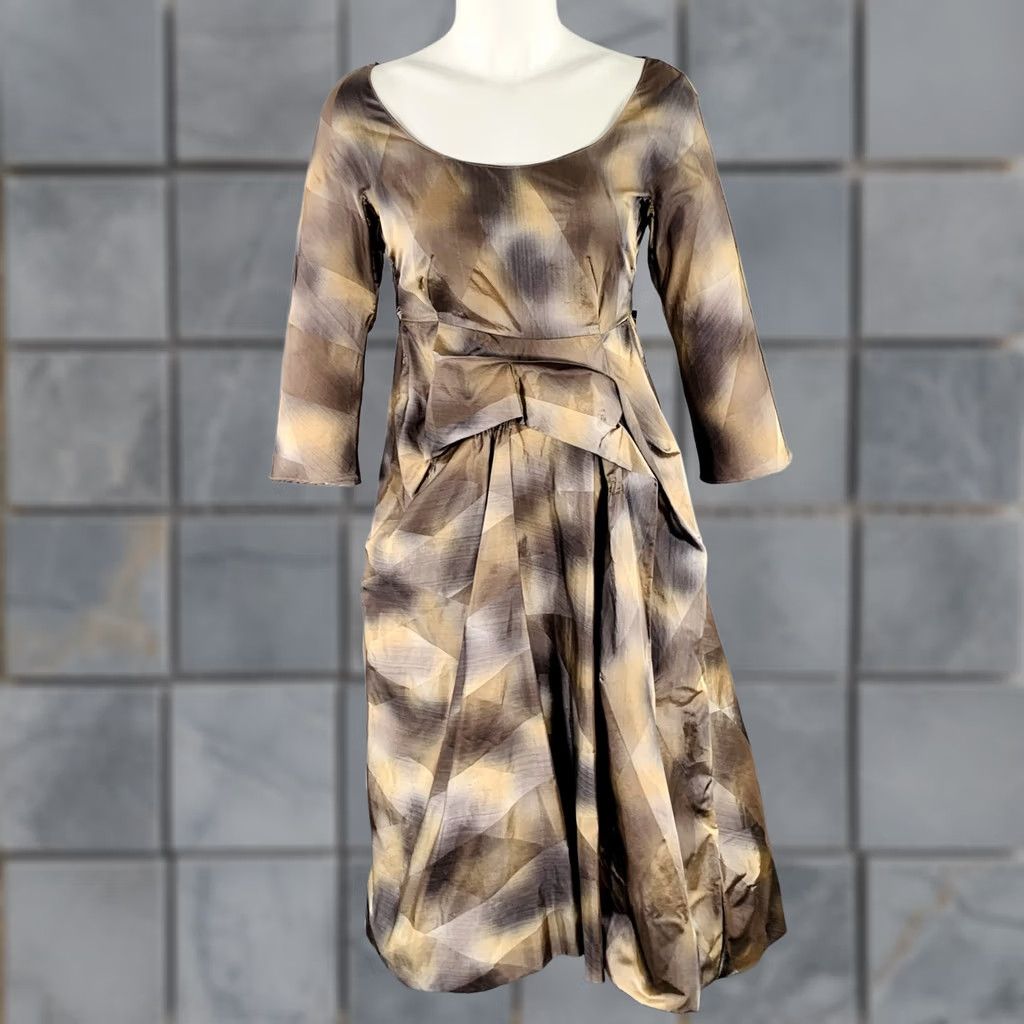 Marni MARNI Dress Brown Beige Polyester Taffeta Diamond 3/4 Sleeves Size 2 Womens Italy Size XS / US 0-2 / IT 36-38 - 1 Thumbnail