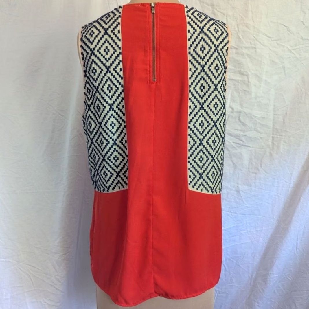 Vintage Womens Blouse Geometric Print Sleeveless Red Navy White Zip Back Round Neck Sz M Medium The Impeccable Pig Casual Workwear Boho Size M / US 6-8 / IT 42-44 - 3 Thumbnail