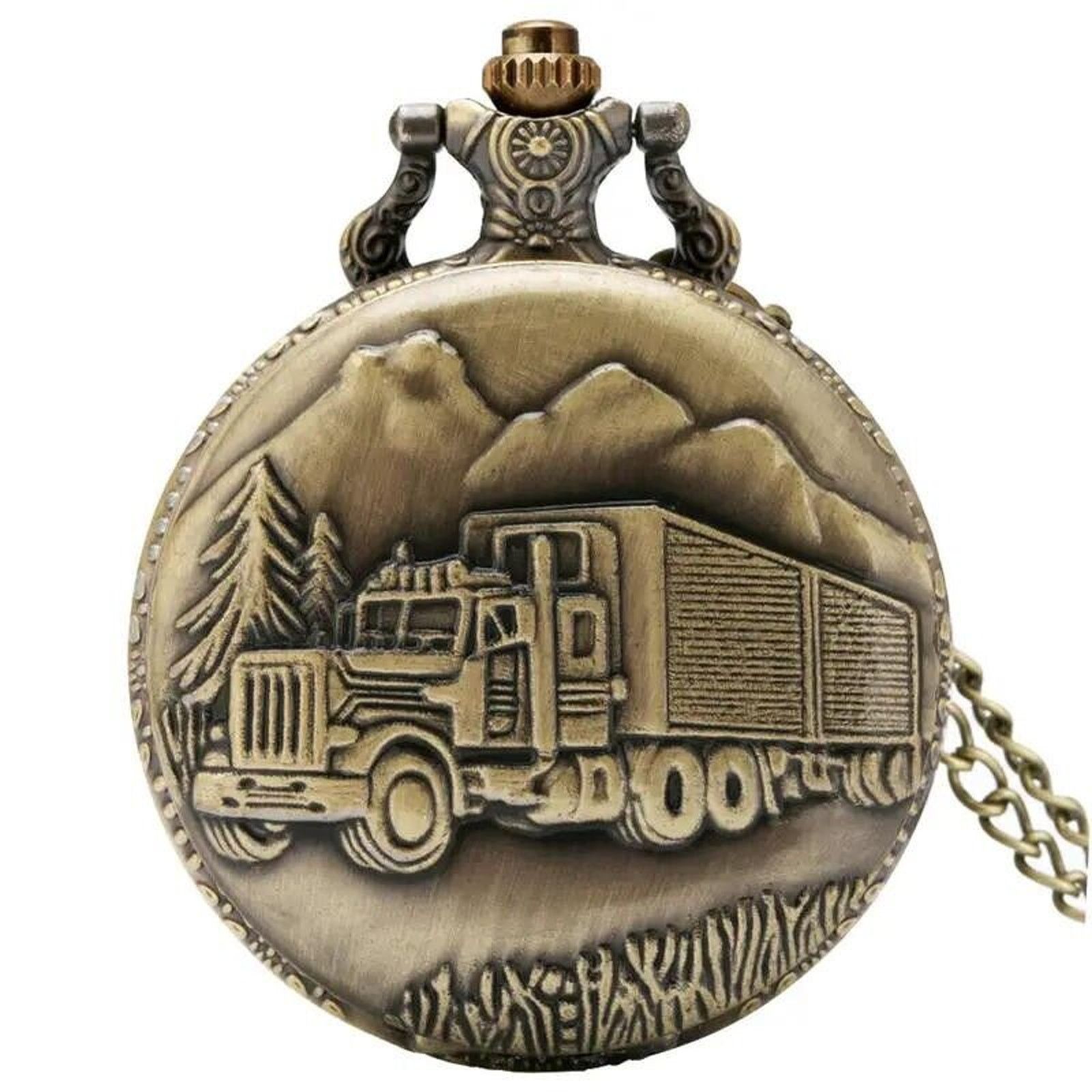 Other Pocket Watch & Chain • Semi Truck • Trucker • Aged Bronze Size ONE SIZE - 3 Thumbnail