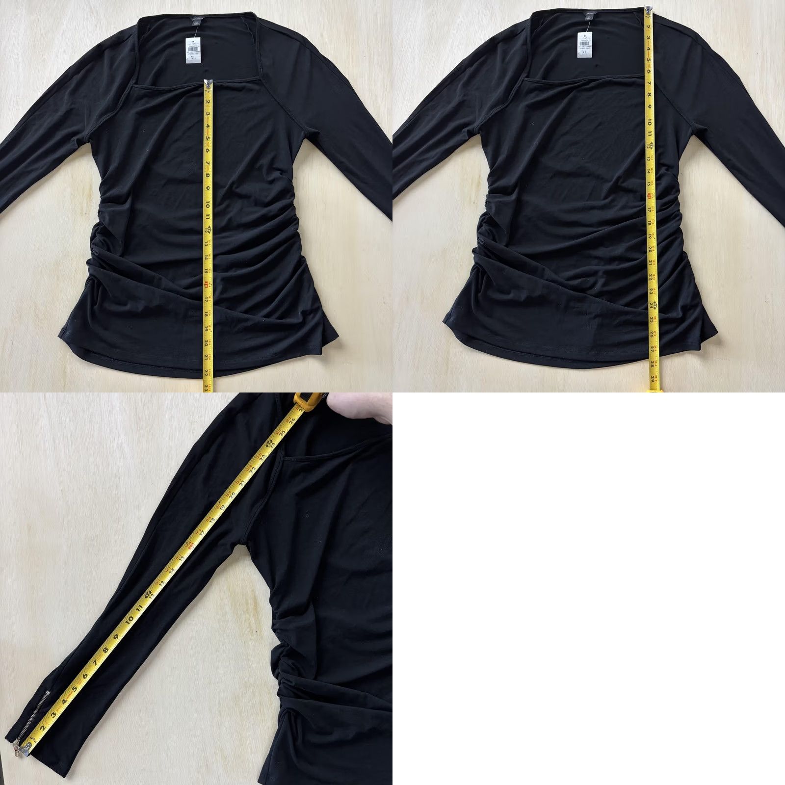 Ann Taylor Ann Taylor Blouse Womens XL Black Square Neck Ruched Long Sleeve Zipper Top Size XL / US 12-14 / IT 48-50 - 8 Thumbnail