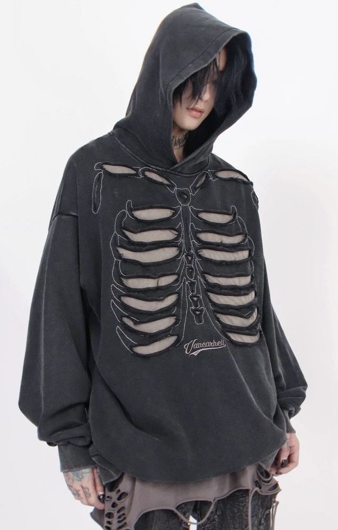 image of Vintage Avant Garde Frayed Skeleton Distressed Hoodie in Black, Men's (Size XL)