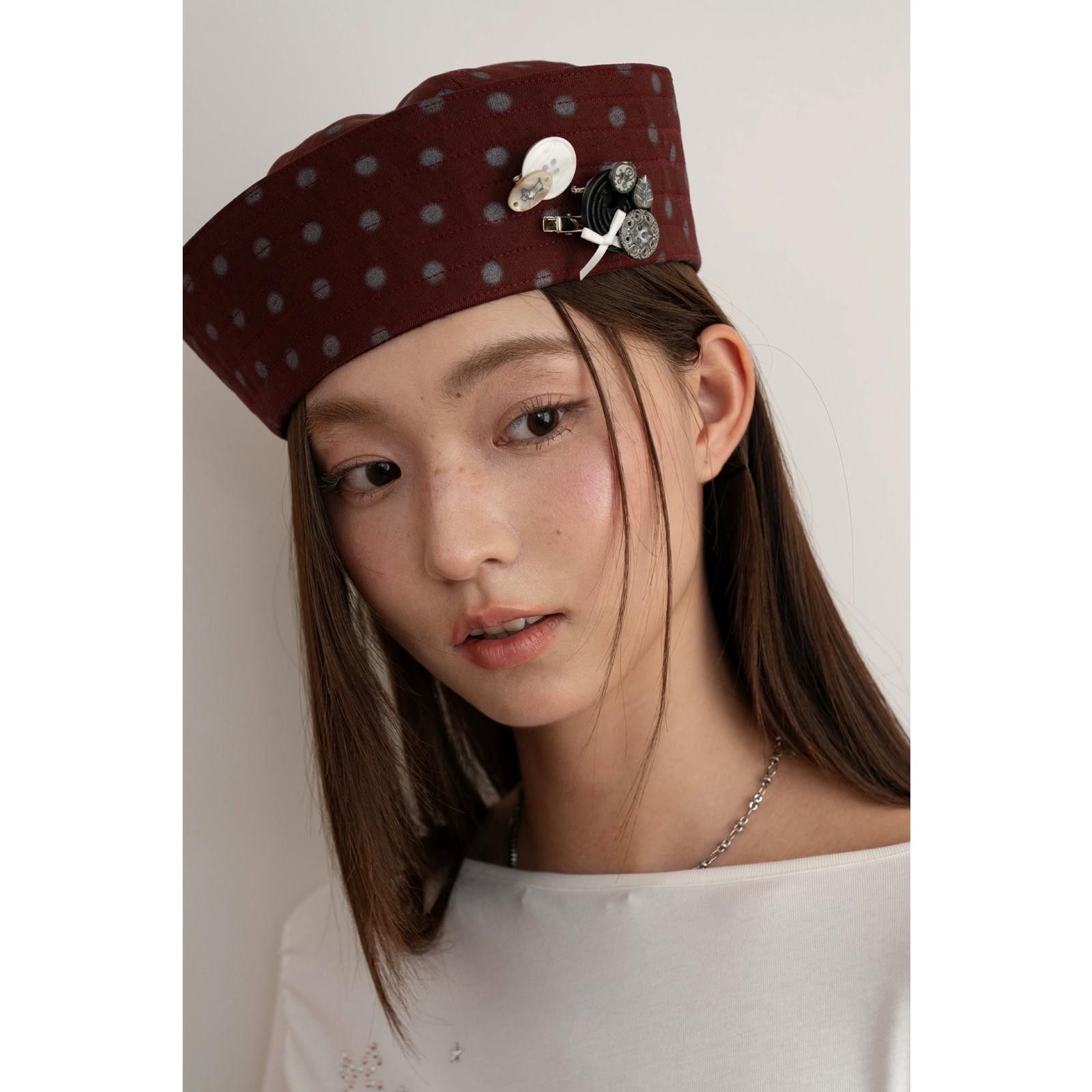 Japanese Brand Y2k Retro Burgundy Polka Dot Sailor Hat Y2K French Girl Size ONE SIZE - 3 Thumbnail